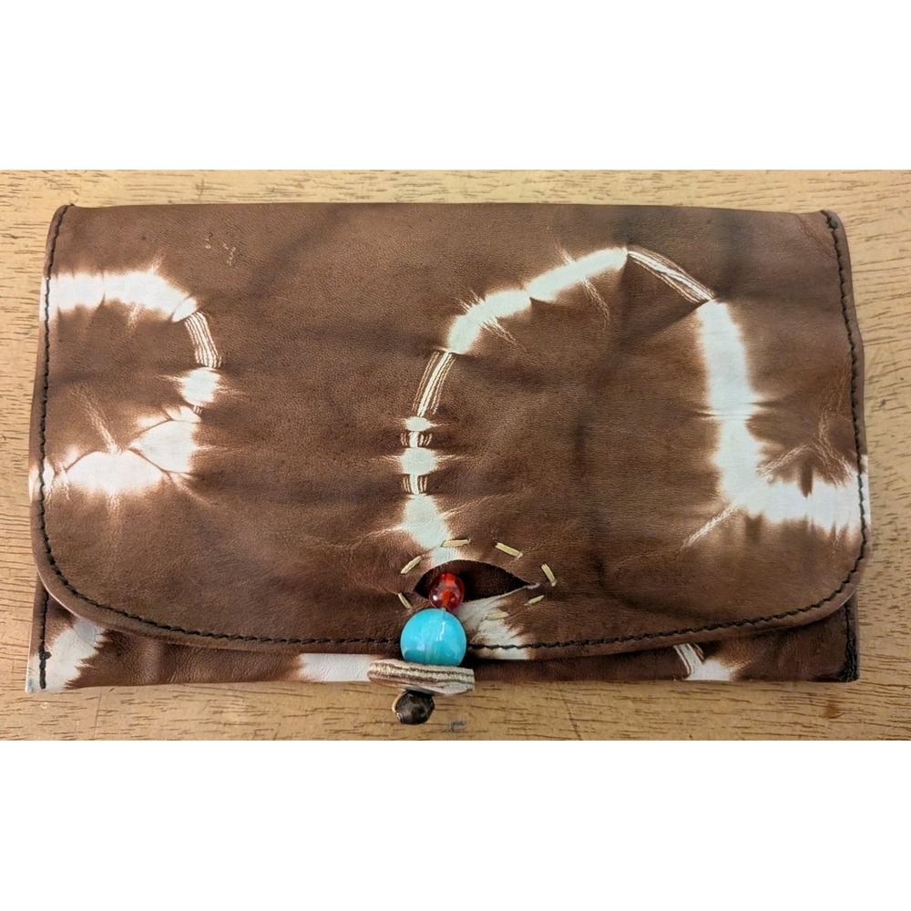 Taytu Ethiopia Brown Tie Dye Leather Monster Clutch Wallet Bead Closure - Picture 2 of 12